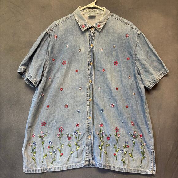 Vintage Bobbie Brooks Denim Shirt Floral Embroidered 2XL Button Up Cottagecore - Picture 1 of 12